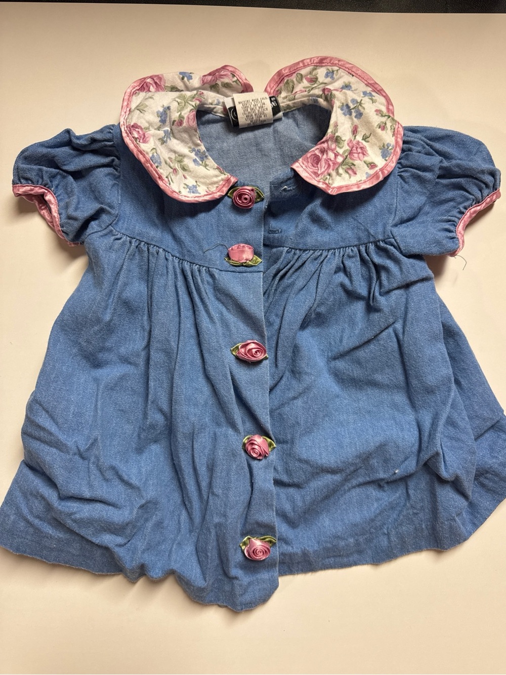 Vintage Jo Lene Baby Dress 12M Denim Floral Peter Pan Collar Ribbon Rosette USA